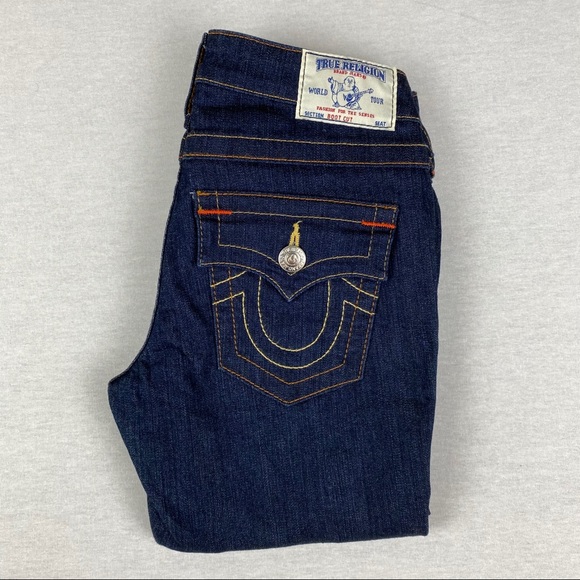 True Religion Becky Raw Edge Hem Dark Wash Flap Pocket TR Logo Bootcut Jeans - Picture 11 of 13